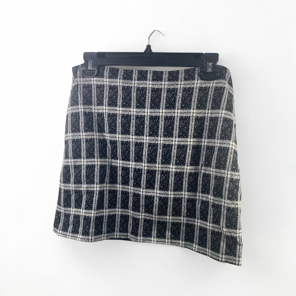 Theory Black White Plaid Tweed Mini Skirt Side Zip Wool Blend Size 4